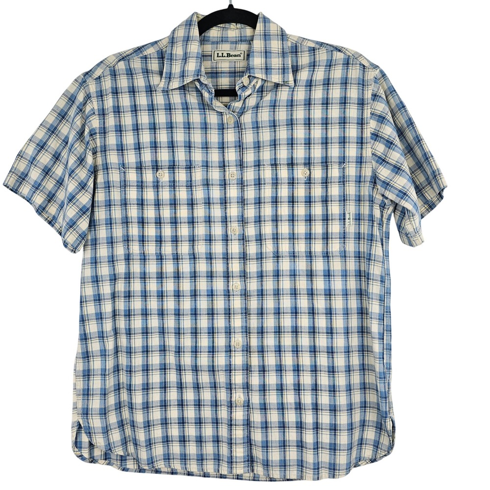 LL Bean Women's Small Blue Plaid‎ Short Sleeve 100% Cotton Button Down Shirt